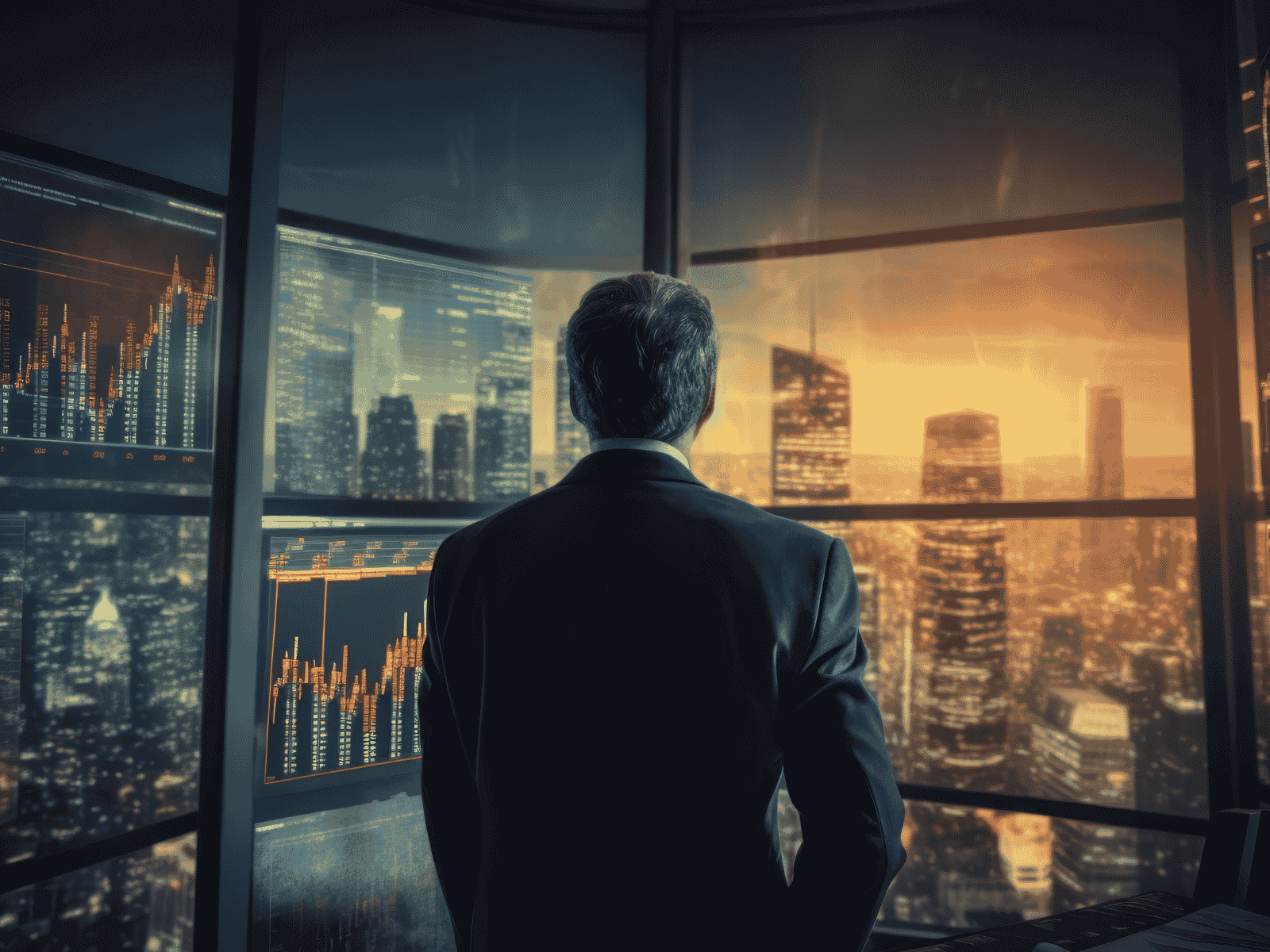 Founder reviewing investor data dashboards over a city skyline — why angel investors reject startups that lack execution evidence.