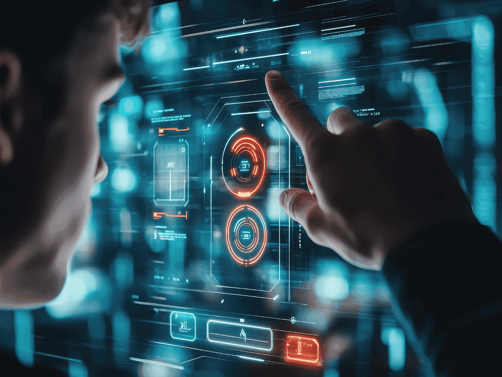 A person’s hand interacting with a holographic interface showing glowing blue and orange OKR system data points.