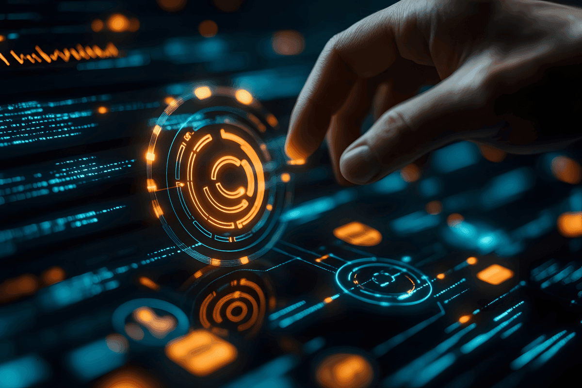 Close-up of a hand touching a glowing orange circular icon on a digital screen, symbolizing strategic alignment.