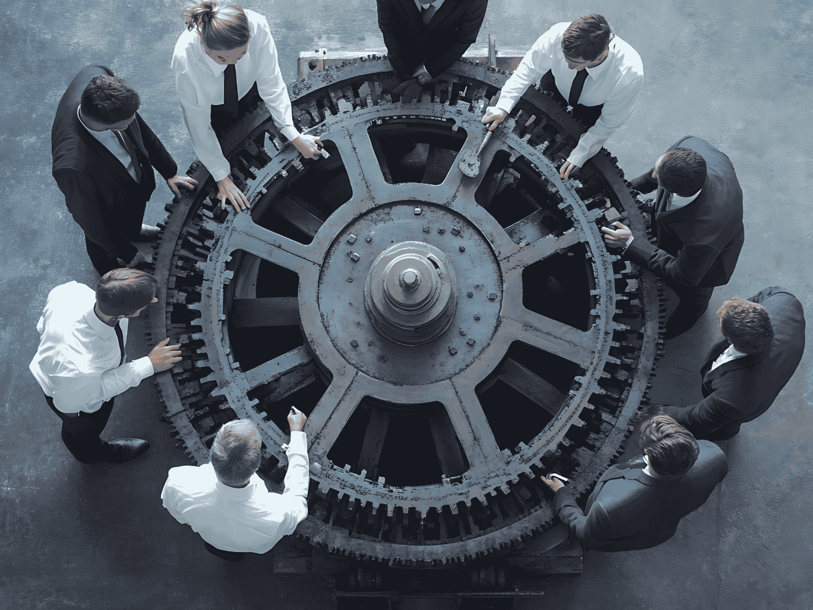 A diverse team of professionals in business attire standing in a circle, working together to operate a large industrial gear.