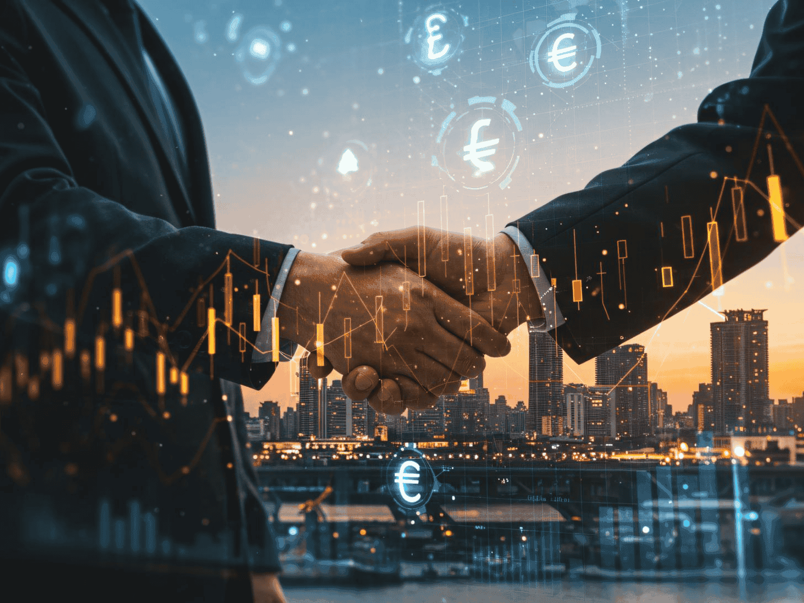 Business handshake over a city sunset with digital currency symbols and market data overlays showing investor confidence and deal closing.