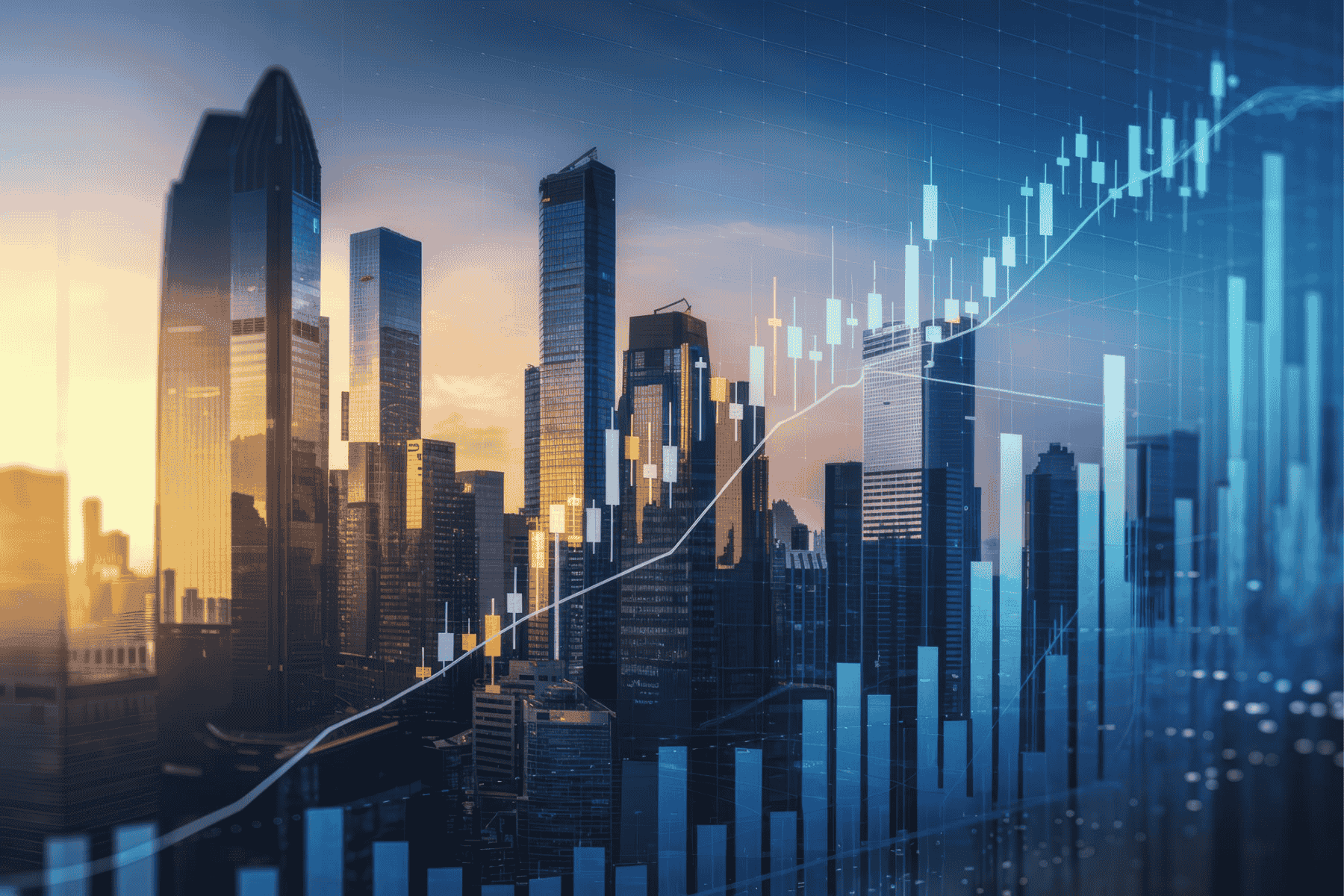 Rising financial bar charts and stock market trend lines overlaid on a city skyline representing corporate growth and governance.