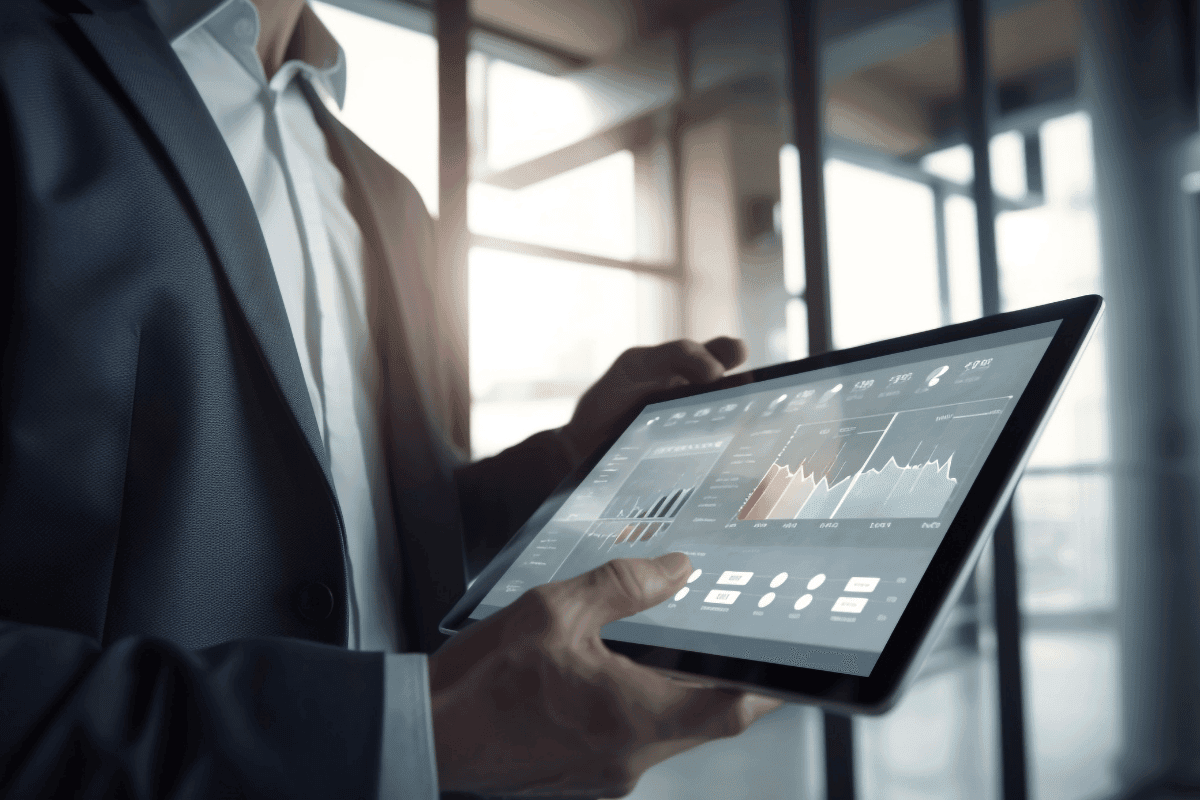 Business executive holding a tablet displaying real-time financial data charts and performance analytics.