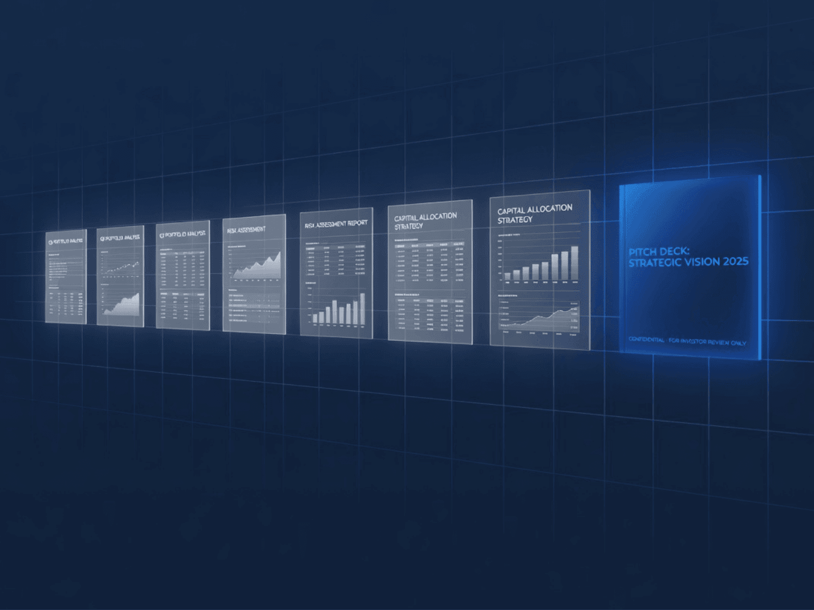 A digital, holographic display showcasing a series of startup analytical reports, financial documents, and a "Strategic Vision 2025" pitch deck.