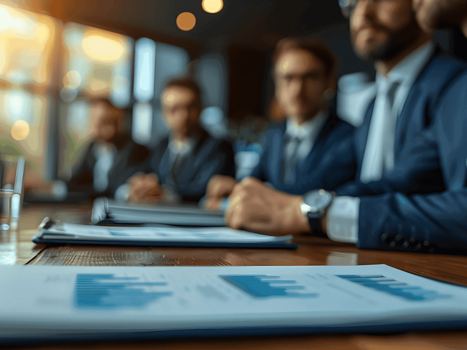 Close-up of financial performance reports on a boardroom table with investors discussing strategic objectives in the background.