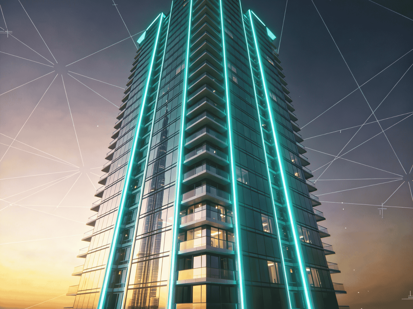 Modern skyscraper with neon cyan lighting and digital network overlays, reflecting the Burj Khalifa in its glass facade.